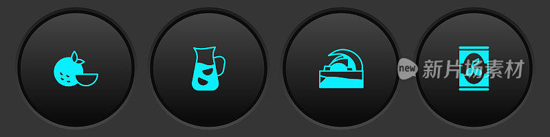 Set Orange fruit, Sangria, Concert hall de Tenerife and Olives in can icon. Vector